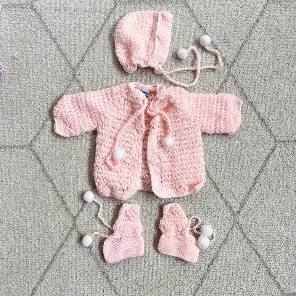 Handmade Vintage Pink Crochet Baby Set Jacket Booties & Hat With Pom Pom